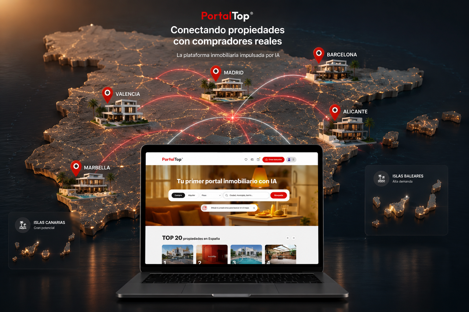 Mapa de España conectando inmuebles con compradores reales en PortalTop
